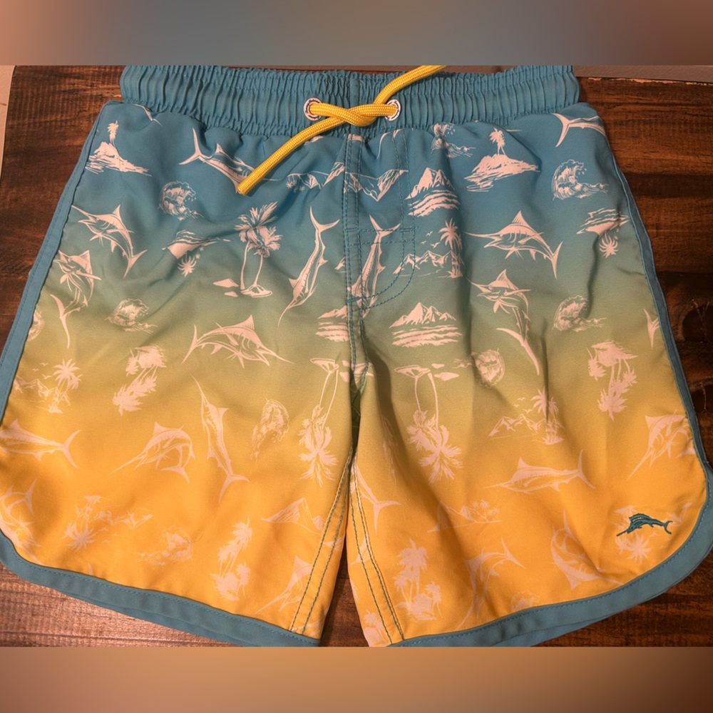 Tommy Bahama boys 5/6 swim trunks blue, green, yellow ombré  ocean print